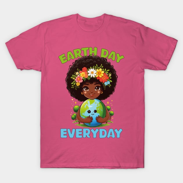 Earth Day Everyday Cute Afro Hair Girl Earth Day 2024 Kids T-Shirt by JUST PINK